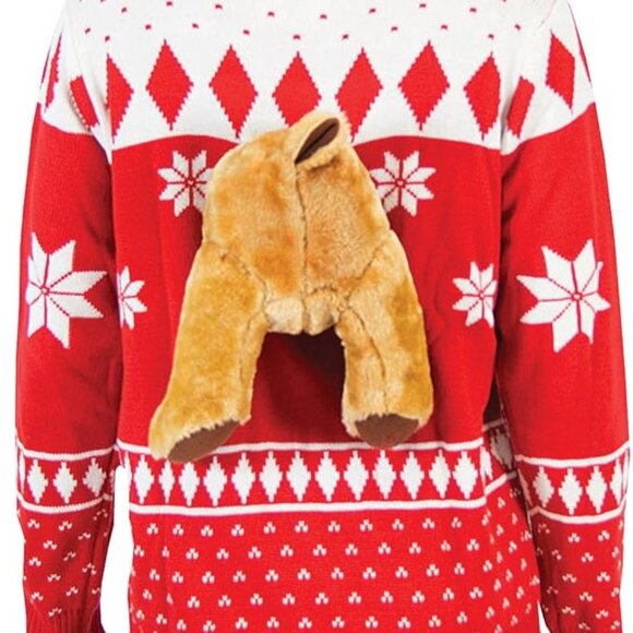 Red 3-D Ugly Christmas Sweater with Stuffed Moose - Picture 2 of 3